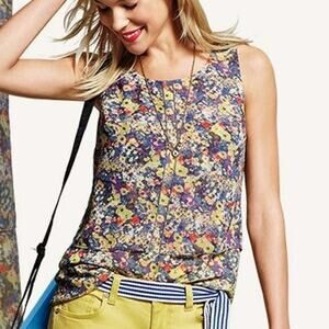 Cabi Positano Layered Tank Top Womens L Blue Yellow Floral Chiffon Feminine Boho